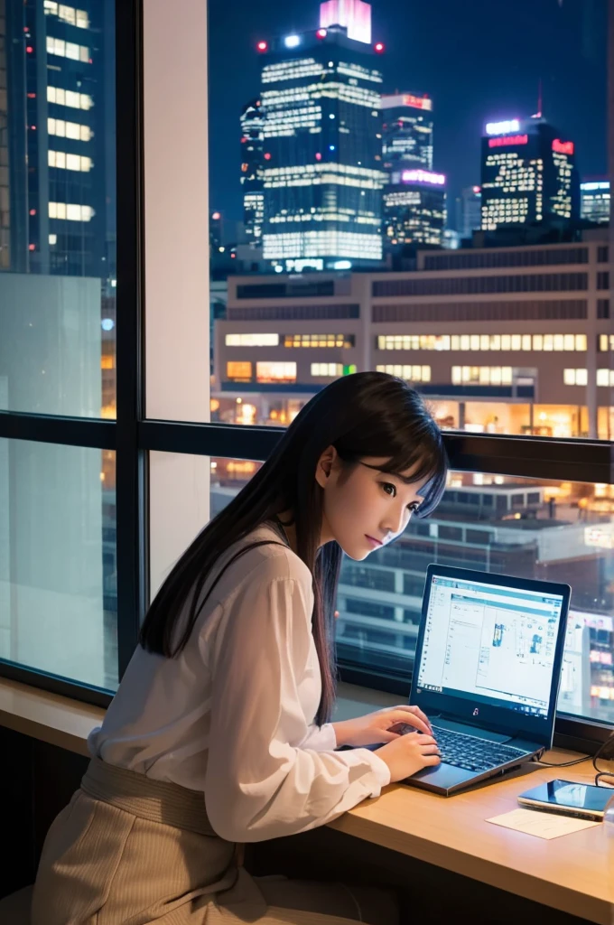 Beautiful Japanese woman in her 20s, working on a computer at a window seat, night city outside the window, horizontal screen size,