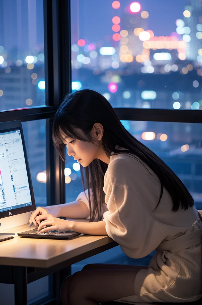 Beautiful Japanese woman in her 20s, working on a computer at a window seat, night city outside the window, horizontal screen size,