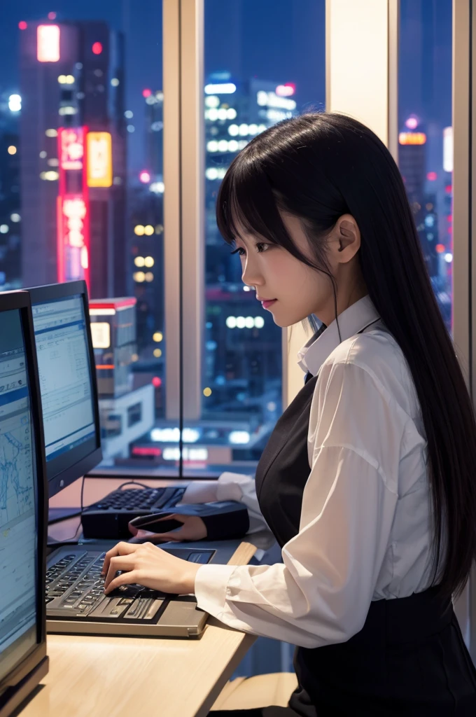 Beautiful Japanese woman in her 20s, working on a computer at a window seat, night city outside the window, horizontal screen size,
