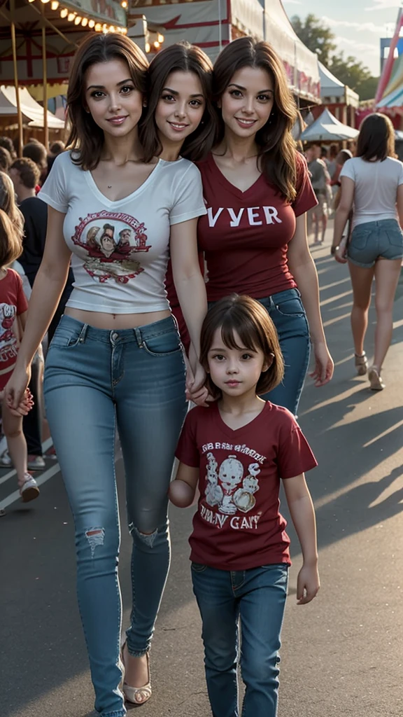 (conjoined_dicephalus), (2heads), 30-year-old white woman with two heads, brown hair, blue eyes, wearing a red v-neck t-shirt and jeans, walking at a carnival, holding her daughter's hand