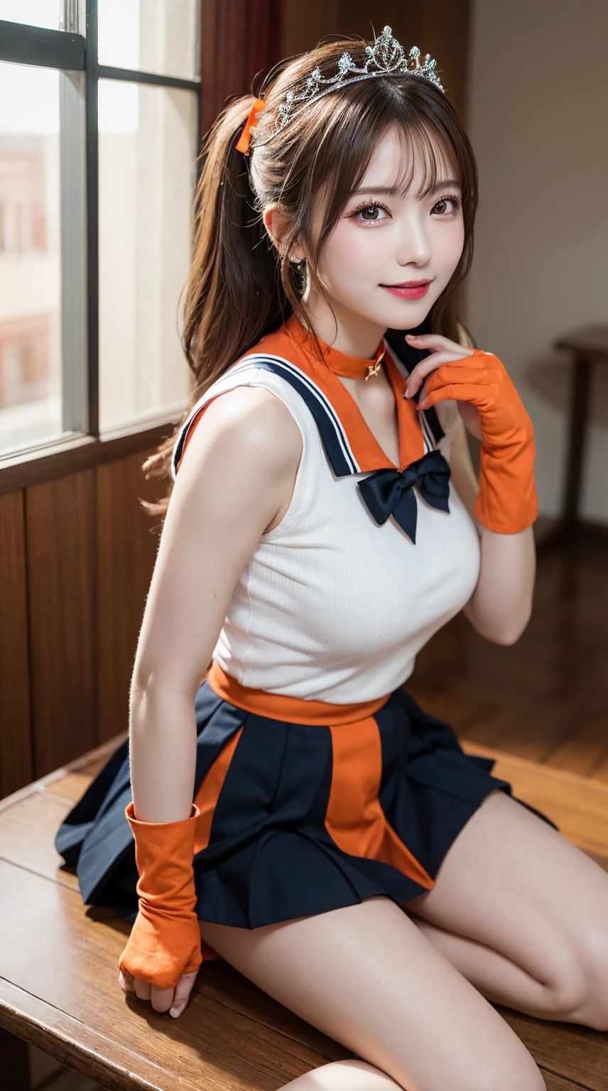 highest quality、table top、8k、best image quality、Award-winning work)、one beautiful woman、radiant beautiful skin , masterpiece、top-quality、The ultra -The high-definition、depth of fields、lens flare 1 girl、brown hair, watching at viewers glares, large breasts ( high heels), perfect legs, model pose, smiling , sailor senshi uniform, orange skirt, elbow gloves, tiara, orange sailor collar, red bow, orange choker