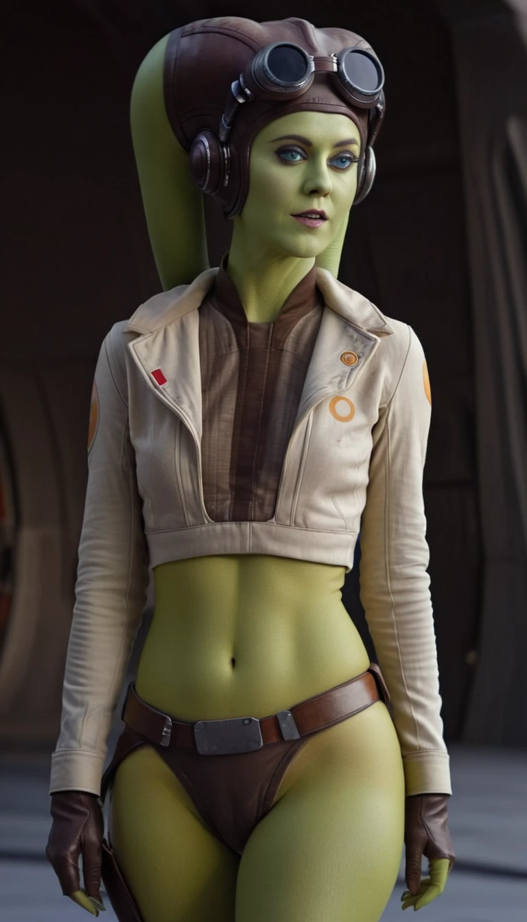 A beautiful, sensual green-skinned woman, Hera Syndulla, nude , (detailed realistic,4k,highres,masterpiece:1.2), (NO JACKET), cinematic lighting, dramatic shadows, intricate anatomy, flawless skin, mesmerizing gaze, dynamic pose, star wars imperial logo tattoos ON STOMACH
