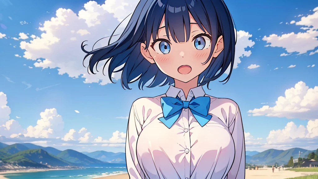 masterpiece, best quality, solo, ,
short hair, blue hair, straight hair, blue eyes, white shirt, open mouth, bowtie, large breasts, button gap, blank eyes,
blue sky, wind,