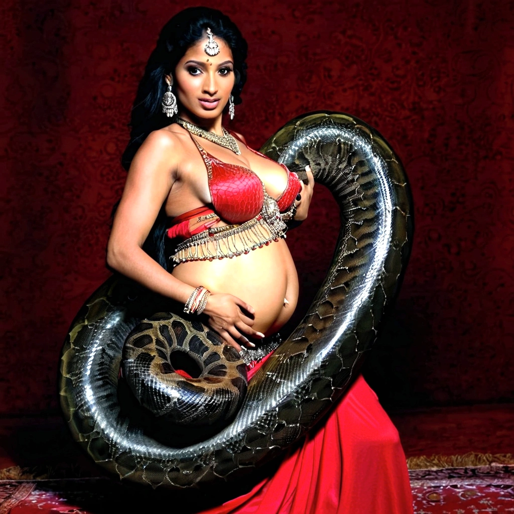  Pregnant  Happy Horny, aroused 1girl), beautiful kneeling indian young  belly dancer girl with  giant colossal black titanboa squeezing her hard, wrapped in thick spiraling coils, constricted, struggle, gasping for air, snake attack, snake peril, moonless night, dim light