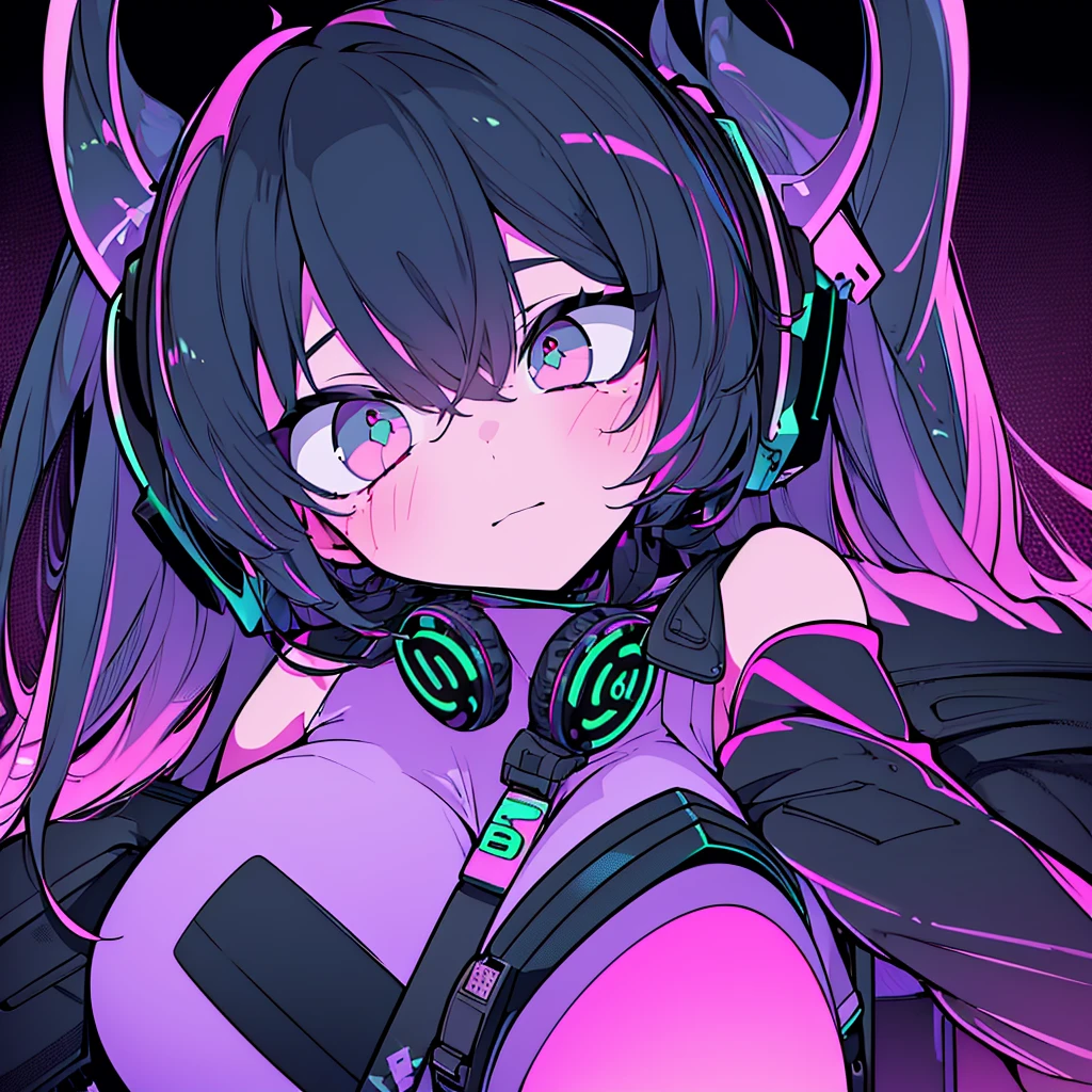 Best quality, (masterpiece:1.2), best detail face,1 girl, big breasts, 18 yo, 8k,absurdres,unity 8k wall paper,(extremely detailed:1.3), highest realistic, (retro headphones:1.1), (soft neon light:1.1), (psychedelic:1.2), Her room full of music equipment, Light clothing in summer, See the whole room, dark color palette, chill out