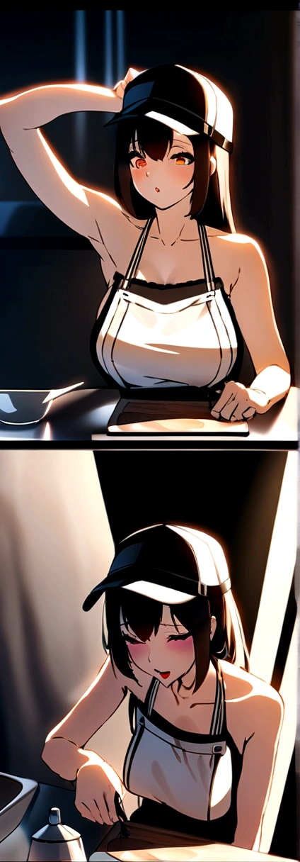 Woman cooking、(kitchen_apron:1.Wear 3)、Clean hands、4K、High resolution、masterpiece、Top quality talent、Wear a hat:1.3、((Hasselblad Photography))、Thin Skin、Sharp focus、(Cinematic lighting)、Soft lighting、dynamic nails、[:(Detail Makeup:1.2):0.2]、Big Chest、Excessive moisture loss from the skin:1.2、(((kitchenで))) Adorable smile　Viewer Perspective　Huge boobs　Tying up hair　No sleeve　Stretch out your arms　Shoulder Extension　cleaning　大きなkitchen　美しいkitchen　wine glass　Backward view　behind　Romo　Raise and tie your hair, Confront ,  Her Face,  On your face