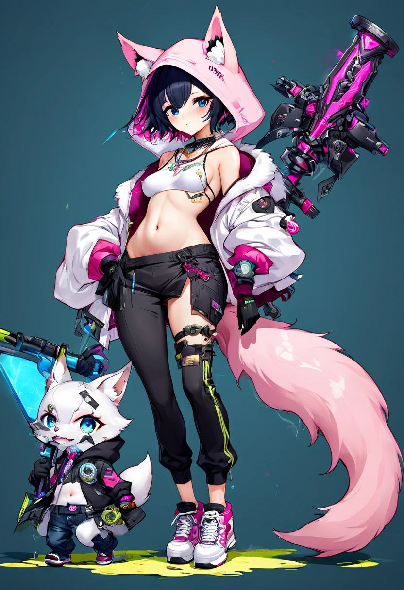 Oh, league of legend, sexy for, wallpapers, detailed eyes, fox ear, (fox tails), a skirt, (long pink fur), medium breasts, Looking at_Shown in_Looking atl espectador, short_Hair, gloves, belly button, fail, Blue_there are eyes, Eternal, full_body, weapon, Footwear, Necklaces, negro_gloves, pulp, hooded, Hair_overcome_Yoon_there are eyes, cultivator_above, hoodie, negro_pants, sneakers, cut_Jacket, cyber punk character, cut_hoodie, ((anatomically perfect:1.5))