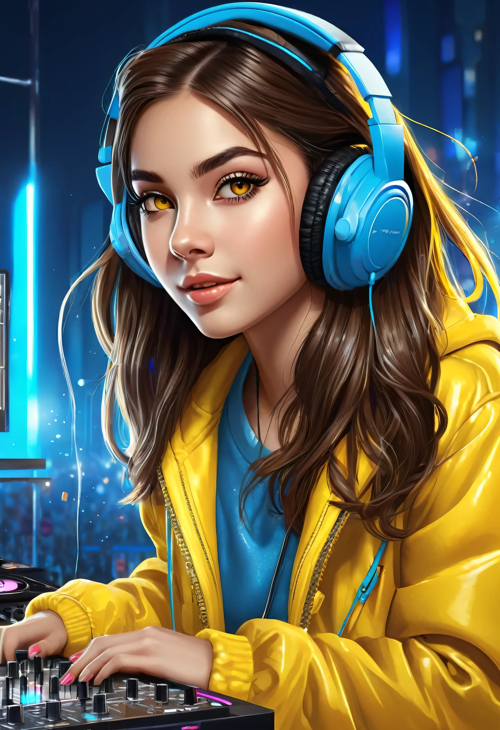 YouTube Channel Art Prompt

Dimensions: 2,560 x 1,440 pixels
Primary Color: Blue
Main Character: A realistic girl
Eyes: Sparkling brown
Clothing: Yellow coat
Accessories: Yellow headphones
Scene: The girl is mixing on a DJ table
Description for the Artist
Create a YouTube channel art with the following specifications:

Background Color: Predominantly blue, with varying shades to add depth and interest.
Character:
A realistic depiction of a girl with sparkling brown eyes.
She is wearing a vibrant yellow coat that stands out against the blue background.
She has yellow headphones on, adding a stylish and cohesive look.
Scene: The girl should be actively mixing music on a DJ table, with her hands on the controls and an expression of concentration and joy.
Style: Realistic, with attention to detail, especially in the girl’s facial features and the texture of her clothing and headphones.
Incorporate elements that convey a dynamic and energetic atmosphere suitable for a music-related YouTube channel.





