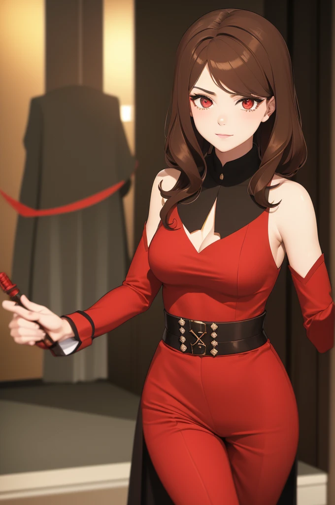 make a character well dressed with red and scarlet eyes and beautiful brown hair and well dressed with a Batalhaa costume and a look of Superiority