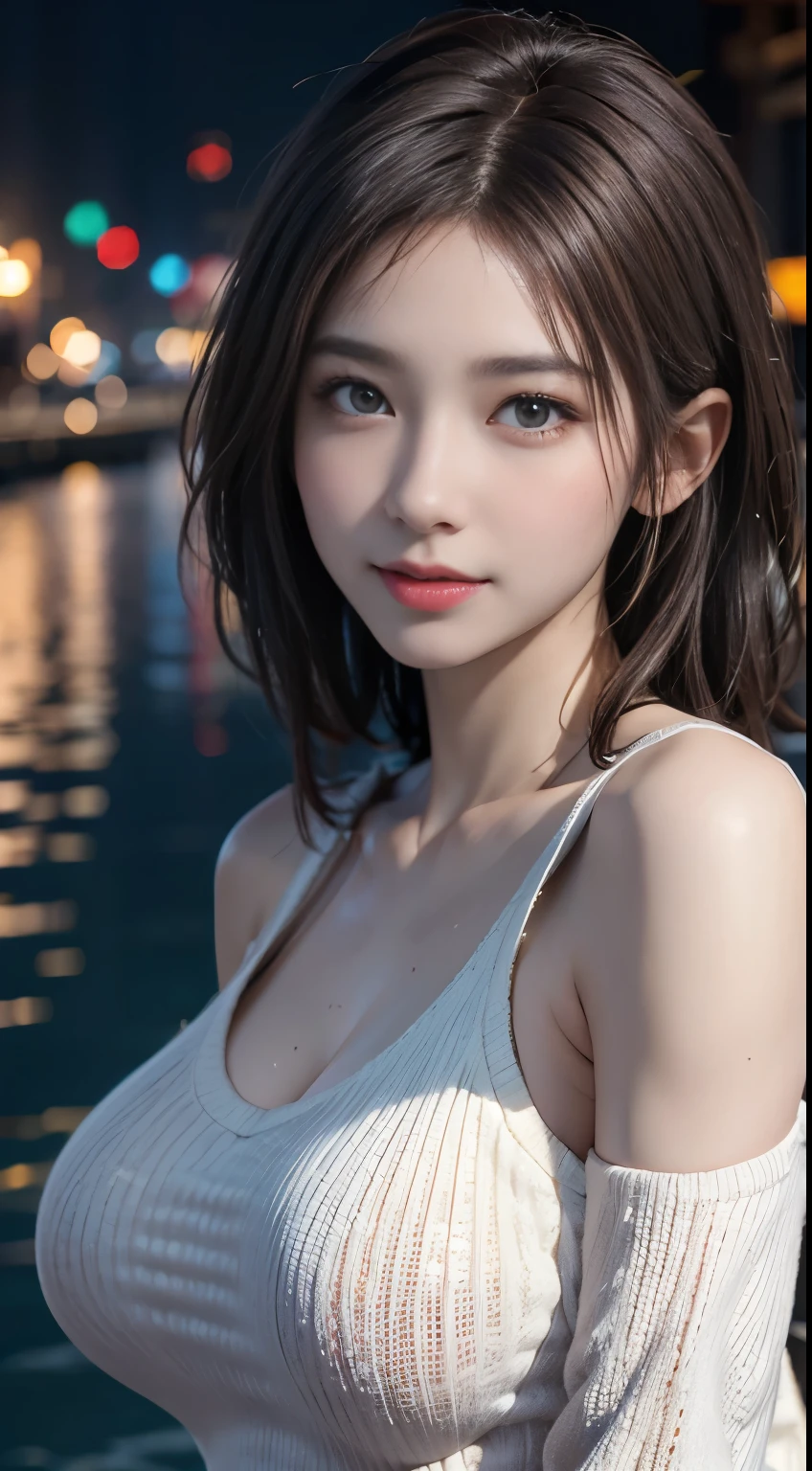 (logo, masterpiece, 8K, Tabletop, RAW Photos, wonderful, 最high quality, Photorealistic and very detailed CG composite 8k wallpaper, high quality, Very detailed, Narrative poem, Particle Effects, Dynamic Effects, Depth of the Boundary, Cinematic Light, Lens flare, Ray Tracing), short hair beautiful young woman, Hair tied back, high detail skin, very fine, fine skin texture, beautiful face, realistic eyes, beautifully detailed eyes, realistic skin, beautiful skin, surreal, smiling eyes, Hair and light eyes, Vibrant, Colorful lights and bokeh. The lighting casts a warm glow on her face and hair, Blue glow, Water surface reflection, Creates a dreamy and magical atmosphere, Big Breasts, Brown Hair, short hair, plump lower lip, pink blush on the cheeks , pink lips, brown tight no-shoulder knit sweater