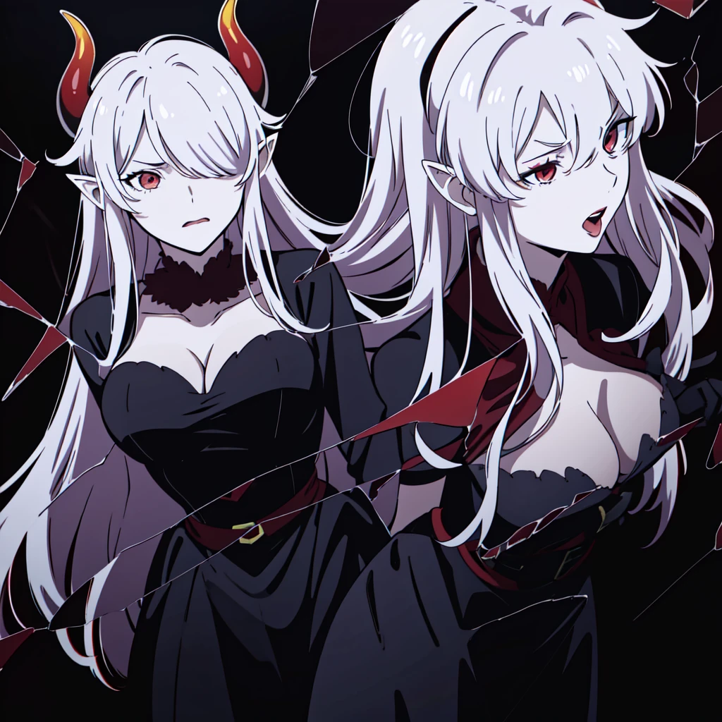 ((1adult woman,solo,milf,mature female)),red eyes,red lipstick,horns,angry,white hair,long hair,black dress,cleavage,elf ears,(((hair over one eye))),black background,broken glass