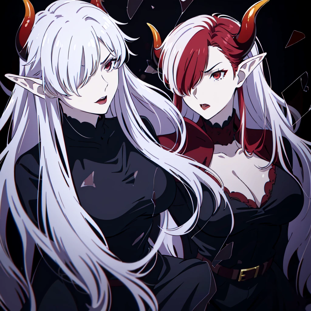 ((1adult woman,solo,milf,mature female)),red eyes,red lipstick,horns,angry,white hair,long hair,black dress,cleavage,elf ears,(((hair over one eye))),black background,broken glass
