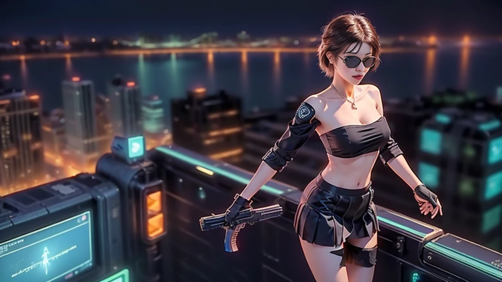 at night, futuristic sci-fi cyberpunk city, broad viaduct, skyscrapers at the end of the viaduct, the movie "13th Floor" style, hq. Matrix style, at night, (1girl, solo), photo realistic, (large-breast:1.2 slim body, cleavage), (((tube top, extreamly short pleated (((miniskirt))) exposing panty))), (((((matrix style black sunglasses))))), (((((aiming at camera with a (pistol)))))), (((half-body (thigh level) medium shot))), (cinematic lighting).