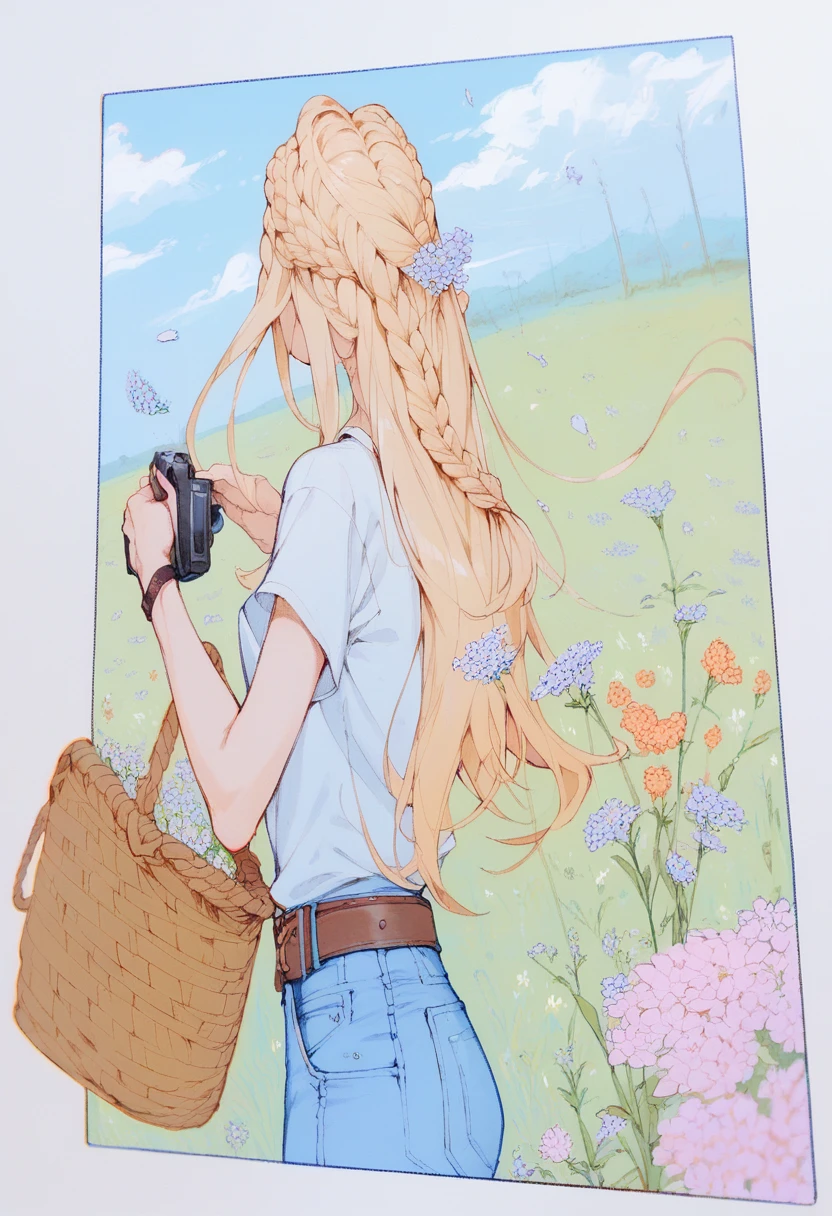 3D render of girl, long blondehair, holding camera and picnic basket, white t-shirt, denim jeans with brown belt, flowers, field scenery, very long braid with flowers, 