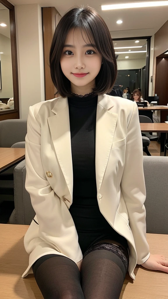 Tabletop, Highest quality, shape, Very detailed, finely, High resolution, 8k wallpaper,short hair、 完璧なダイナミックな構shape, Beautiful and beautiful eyes, suit,Natural color lip, smile、18-year-old girl,If you are wearing black tights or stockings、Plump thighs、Shortcuts、Luxury lace 、