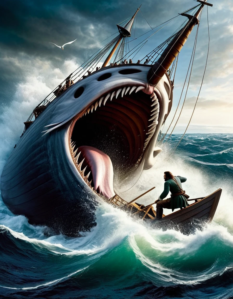 "To the last, I grapple with thee; from hell's heart, I stab at thee; for hate's sake, I spit my last breath at thee."
Image Prompt: Create a dramatic and intense image of Captain Ahab's final confrontation with Moby-Dick, emphasizing the theme of obsession and revenge.