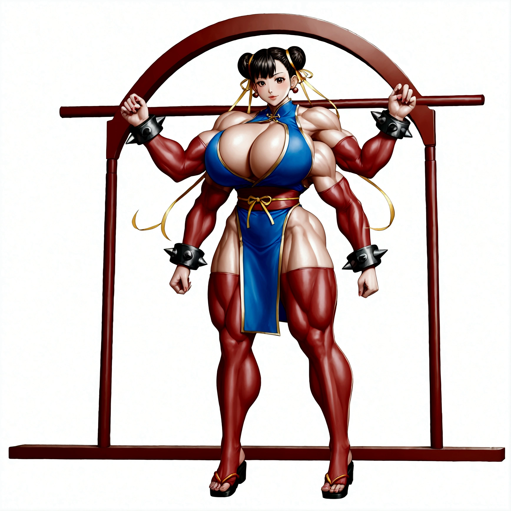 Chunli, extreme muscular body, huge breasts, shrine maiden outfit, 4 arms, full body.