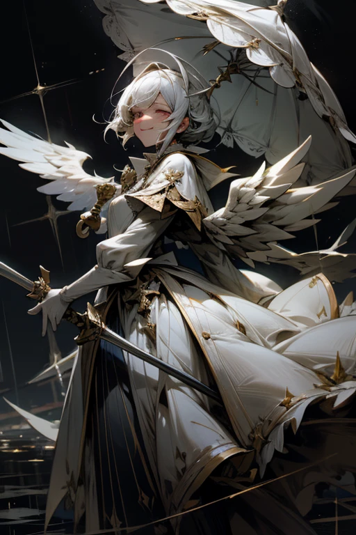 magician,White Dress,Angel Wings,Big umbrella,Rapier,heavy rain,destruction,Crazy,darkness,smile,I'm sick,Masquerade Mask,human_no,droid,Deus Ex Machina,Light effects,Persona,horror style,artistic,rearistc,Black and grey world,perfect face,perfect face,dark fantasy,Shields float in the air around her.,Hold your hand,The End,masterpiece masterpiece,best quality best quality,super fine illustration,super detailed,dark dark dark,8k quality 8k quality,ultra quality ultra quality,perfect face perfect face,Break tsurime,shirp eyes,thick eyebrows,perfect eyes,perfect hands,ass pov scene,ass pov