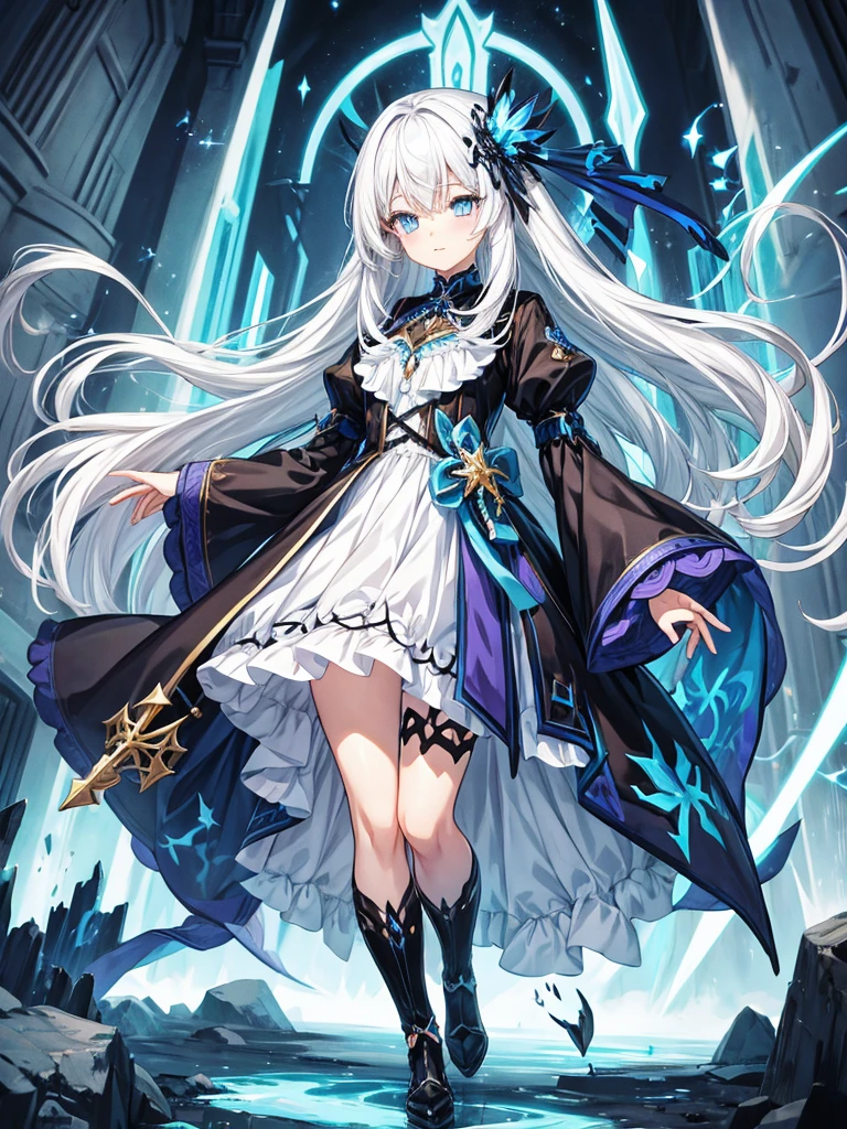 fantasy world girl with colorful hair, accessories, detailed clothes, white hair, dark blue eyes, blue and black clothes
