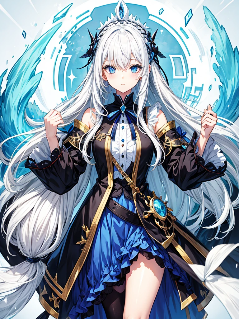 fantasy world girl with colorful hair, accessories, detailed clothes, white hair, dark blue eyes, blue and black clothes