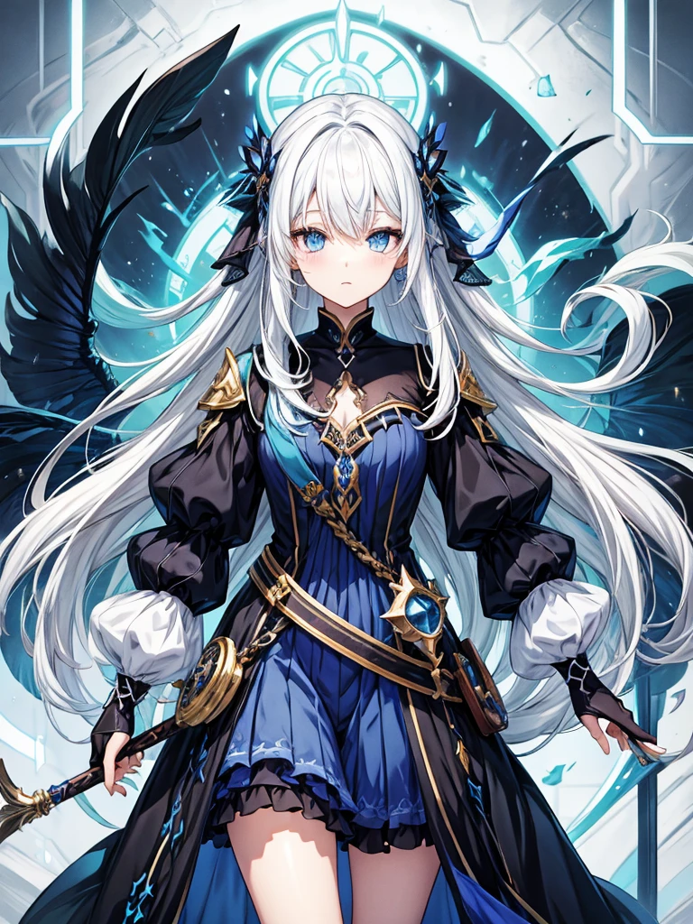 fantasy world girl with colorful hair, accessories, detailed clothes, white hair, dark blue eyes, blue and black clothes