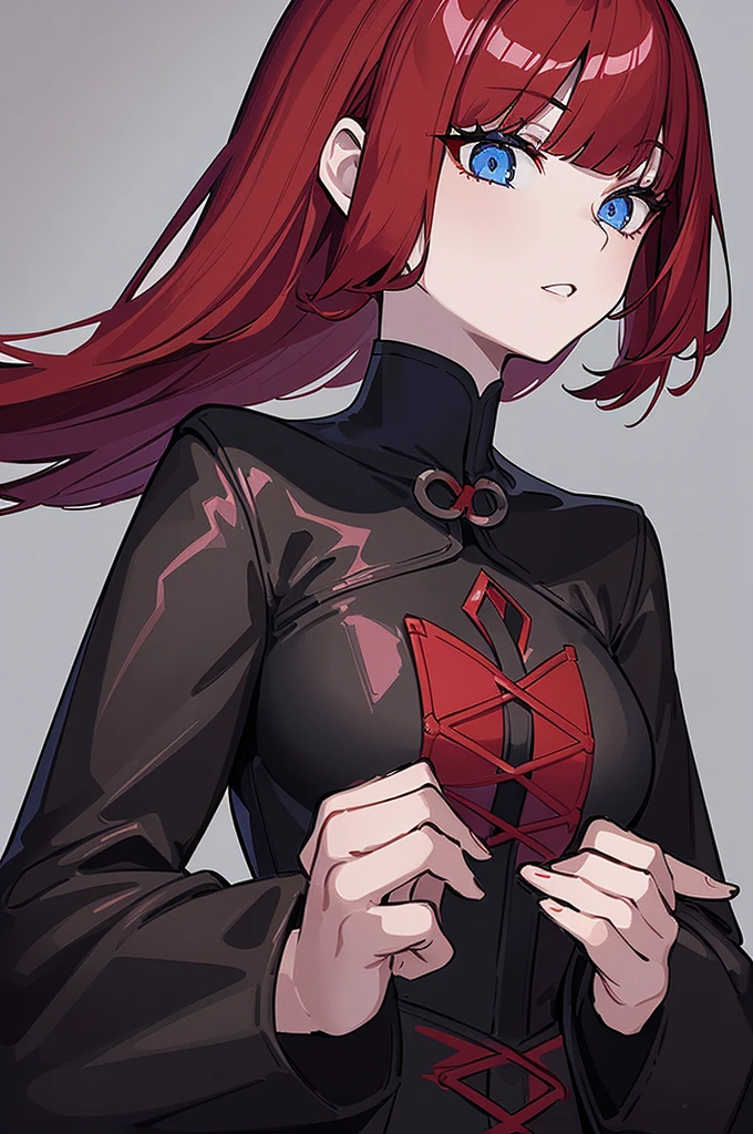 a beautiful girl with long red hair wearing a black dress, detailed facial features, bob haircut, full body illustration, woman wearing a long black and red coat, solo character, white background, anime style, highly detailed, photorealistic, 8k, best quality, masterpiece, blue eyes