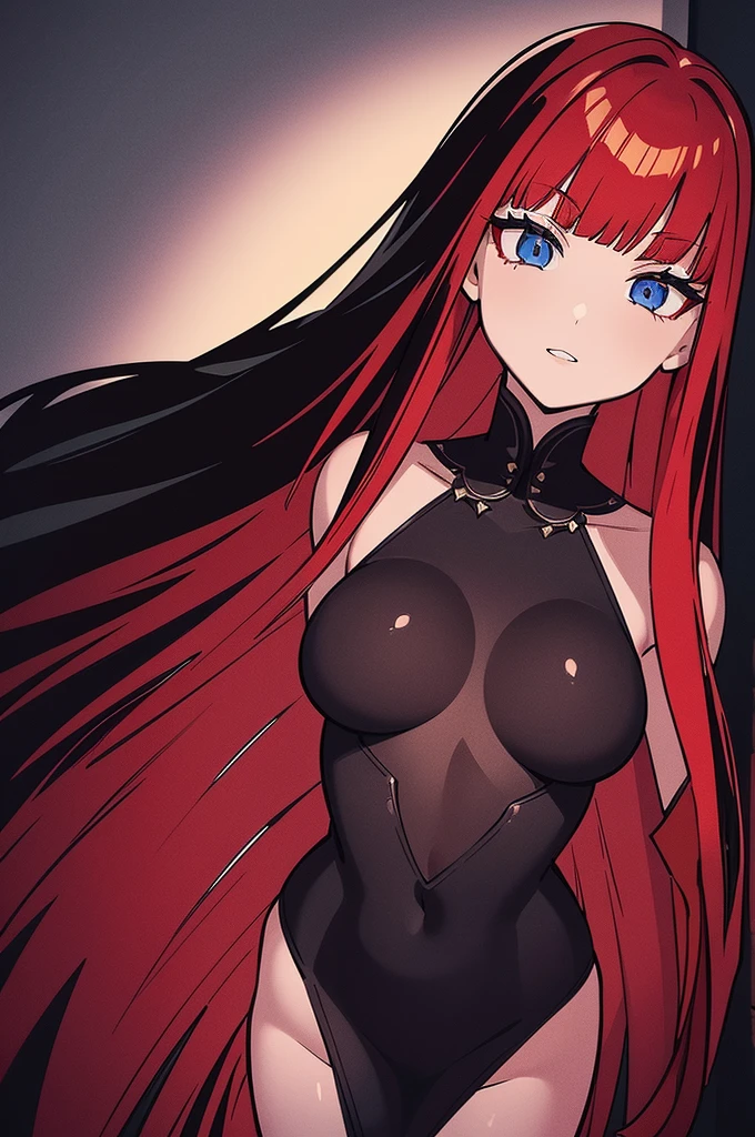 a beautiful girl with long red hair wearing a black dress, detailed facial features, bob haircut, full body illustration, woman wearing a long black and red coat, solo character, white background, anime style, highly detailed, photorealistic, 8k, best quality, masterpiece, blue eyes