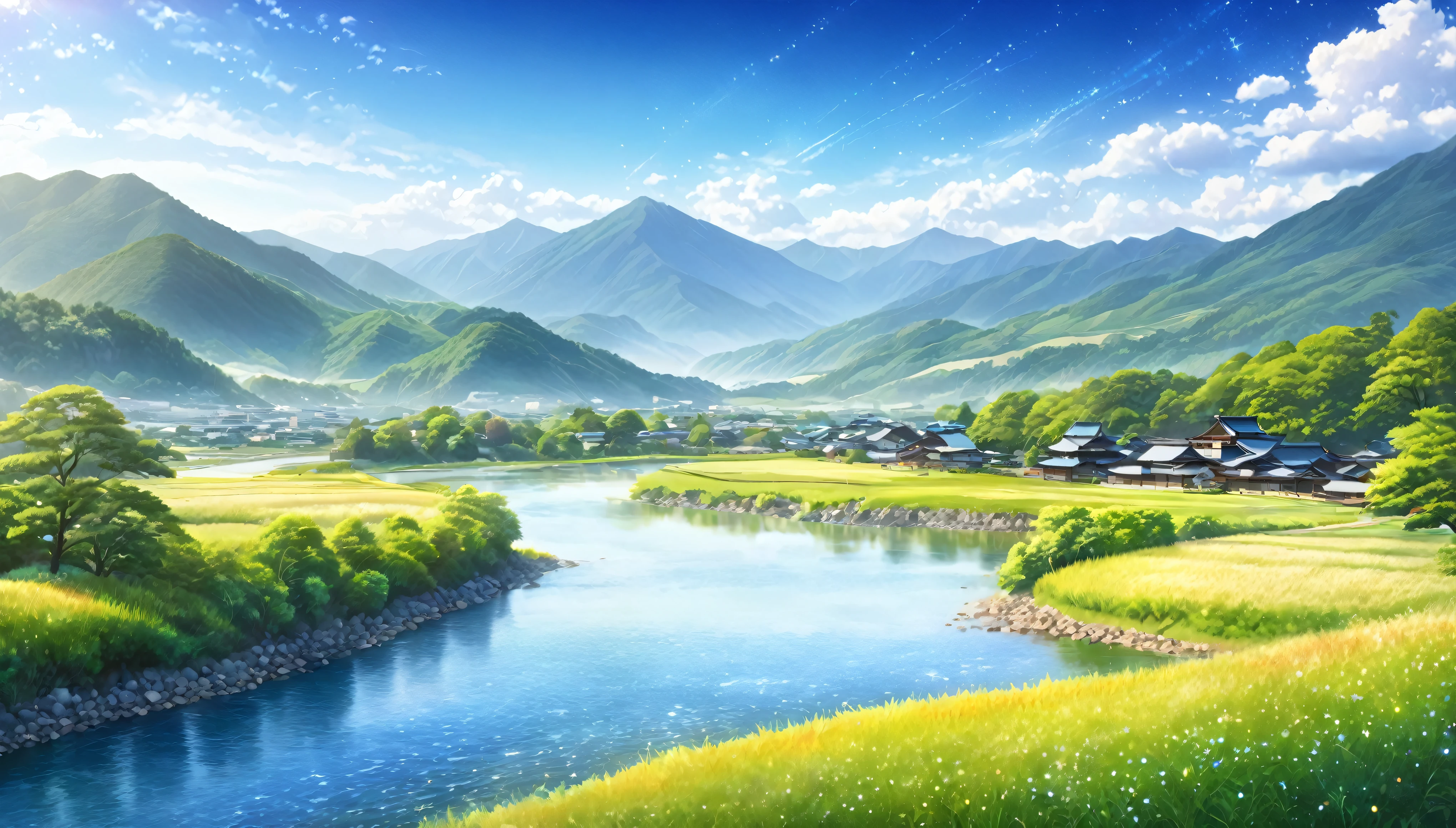 Japanese countryside,Mountains and Rivers,Summer sky,Blur the background,Glitter effect,Highest quality, 8K, High resolution, masterpiece:1.2, Very detailed, Realistic:1.37, High resolution, 超High resolution, Ultra-fine painting, Very detailed, Professional, Vibrant colors