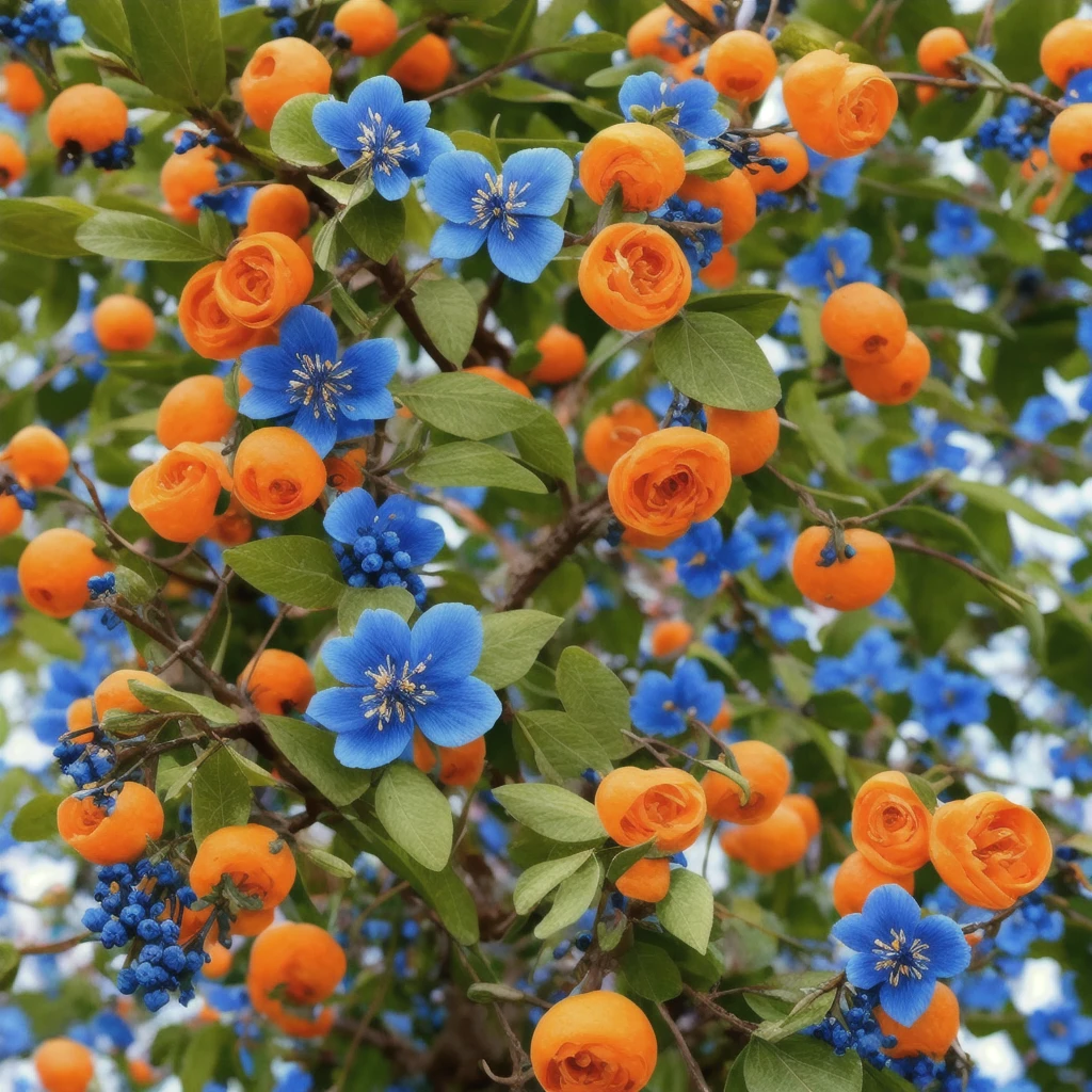 there are many blue flowers that are growing on a tree, blue flowers, mediumslateblue flowers, blue flowers bloomed all over, blue and black color scheme)), vibrant but dreary blue, blue!! with orange details, beautiful black blue yellow, black flowers, blue flowers accents, rich azure tones, teals, blueberry and orange and teal