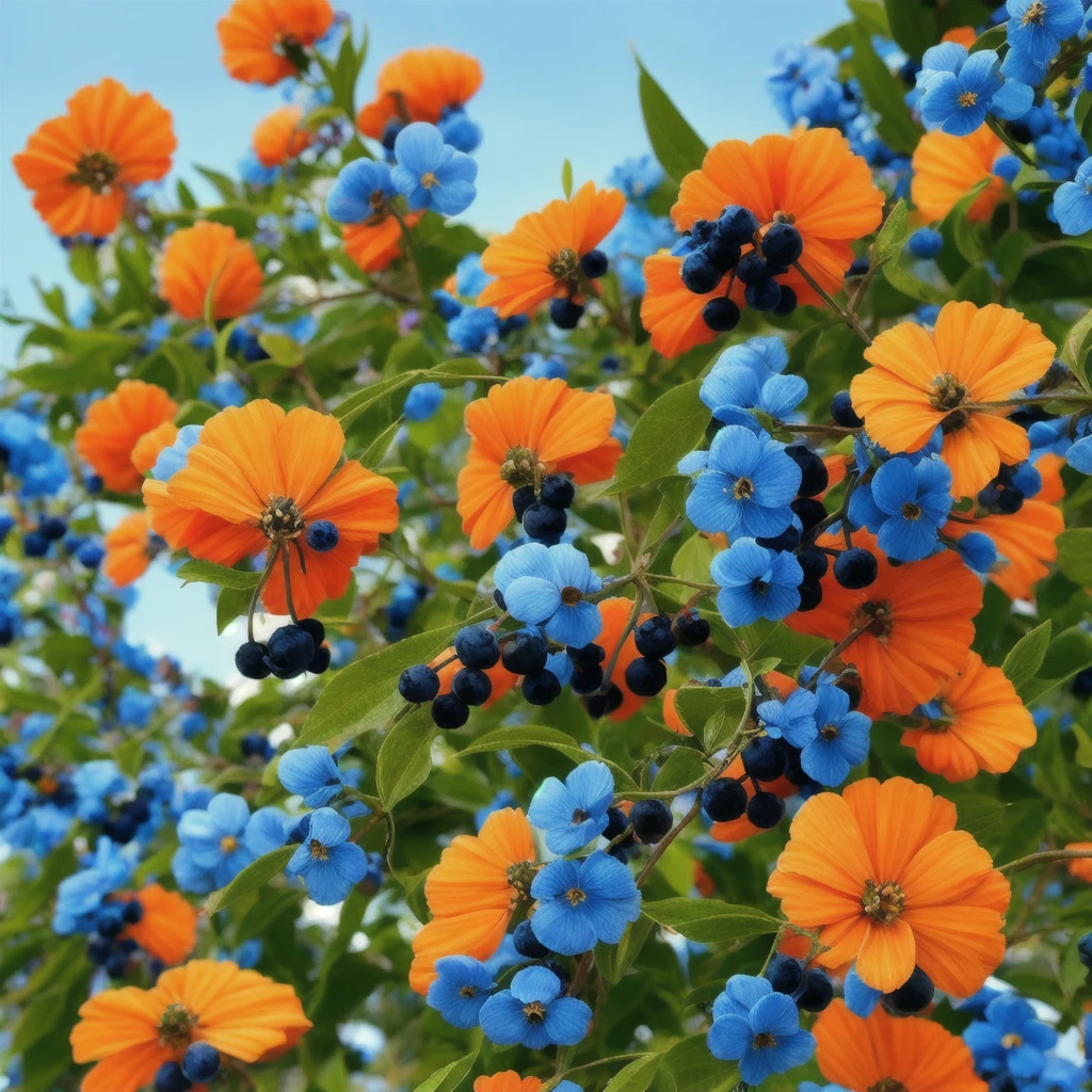 there are many blue flowers that are growing on a tree, blue flowers, mediumslateblue flowers, blue flowers bloomed all over, blue and black color scheme)), vibrant but dreary blue, blue!! with orange details, beautiful black blue yellow, black flowers, blue flowers accents, rich azure tones, teals, blueberry and orange and teal