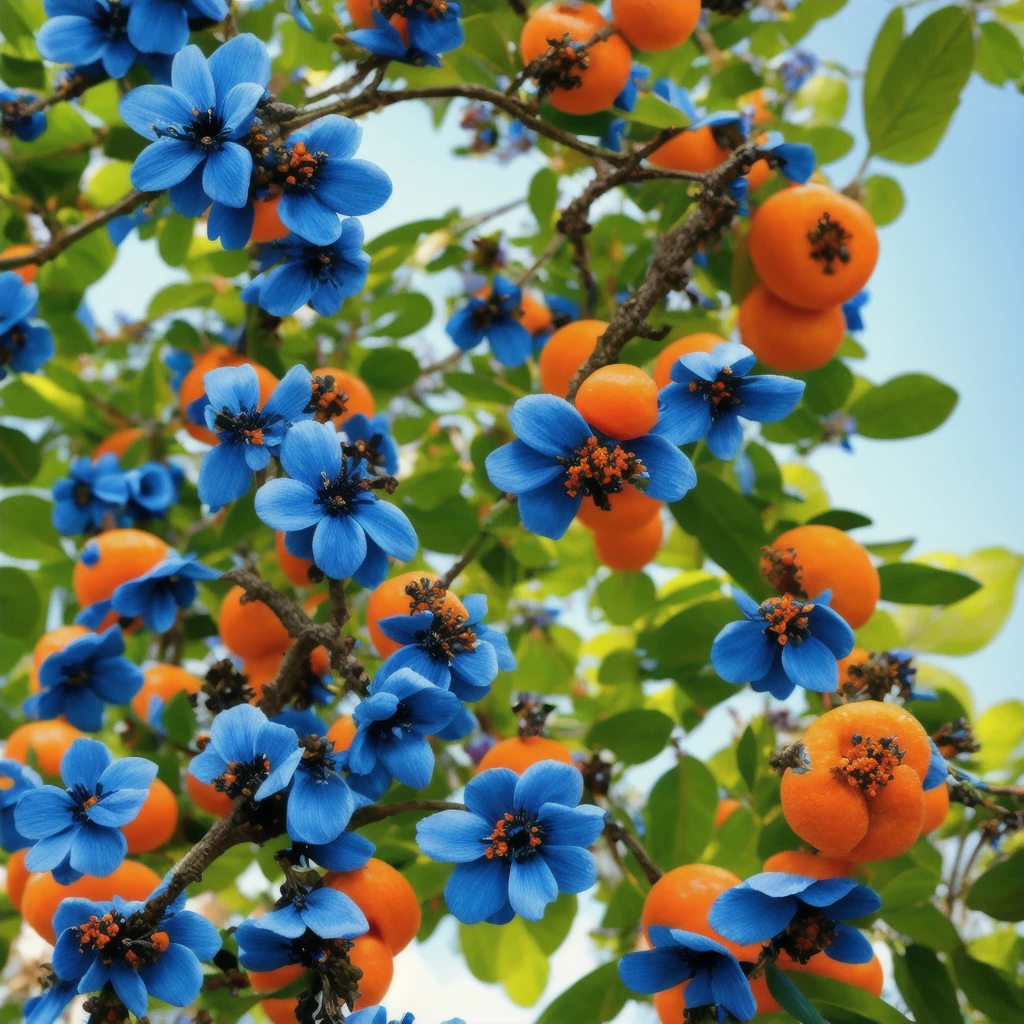 there are many blue flowers that are growing on a tree, blue flowers, mediumslateblue flowers, blue flowers bloomed all over, blue and black color scheme)), vibrant but dreary blue, blue!! with orange details, beautiful black blue yellow, black flowers, blue flowers accents, rich azure tones, teals, blueberry and orange and teal