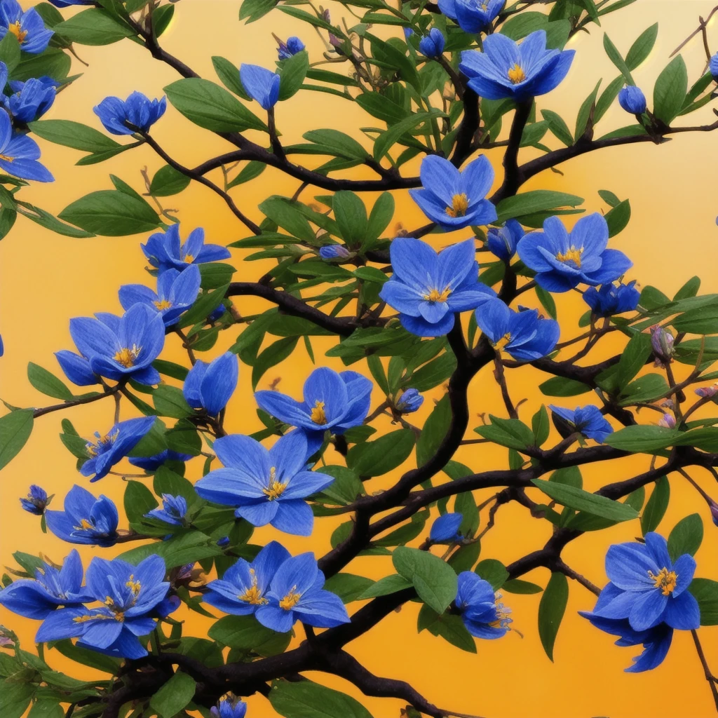 there are many blue flowers that are growing on a tree, a screenshot by Edward Avedisian, flickr, art nouveau, blue flowers, mediumslateblue flowers, blue flowers bloomed all over, blue and black color scheme)), vibrant but dreary blue, blue!! with orange details, beautiful black blue yellow, black flowers, blue flowers accents