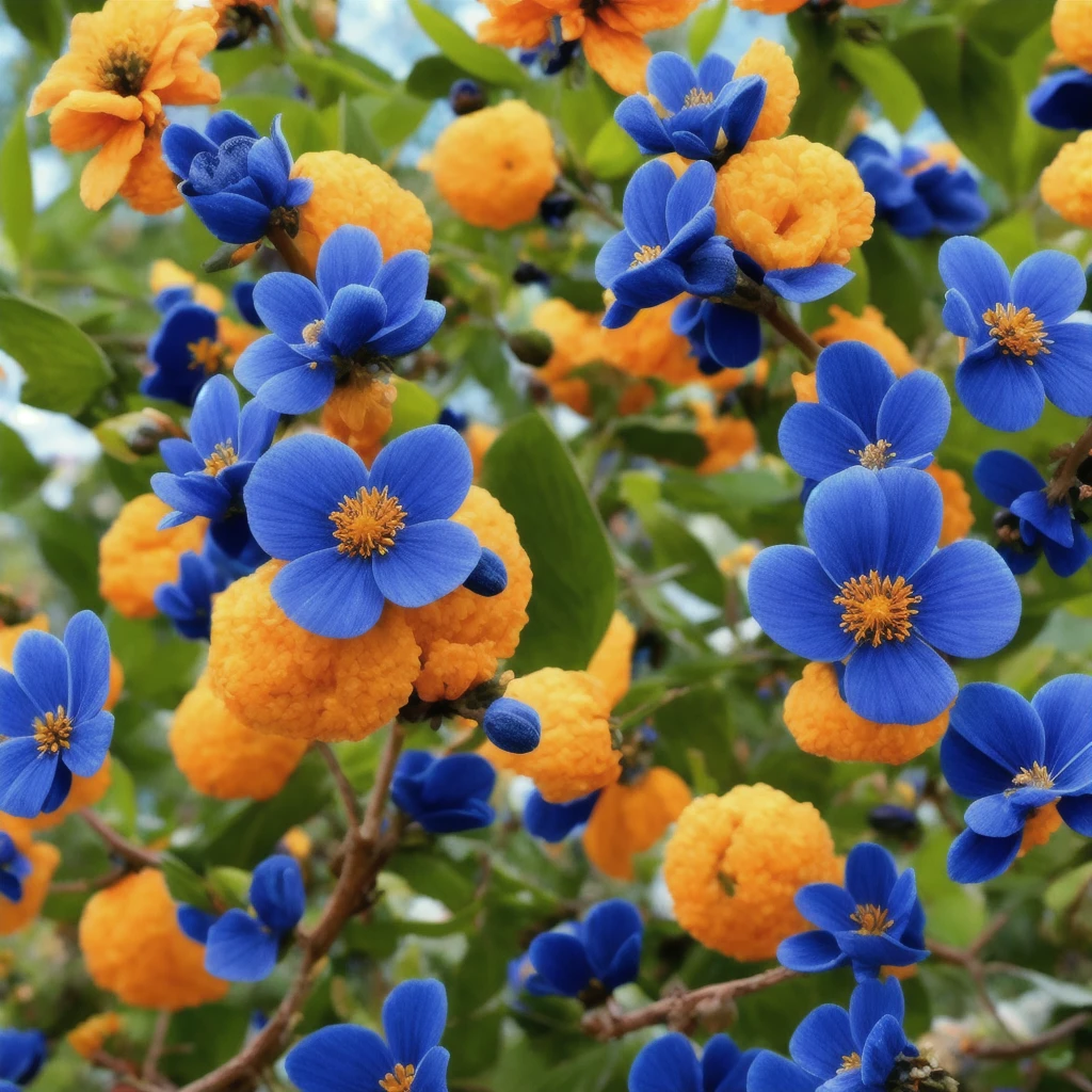 there are many blue flowers that are growing on a tree, a screenshot by Edward Avedisian, flickr, art nouveau, blue flowers, mediumslateblue flowers, blue flowers bloomed all over, blue and black color scheme)), vibrant but dreary blue, blue!! with orange details, beautiful black blue yellow, black flowers, blue flowers accents