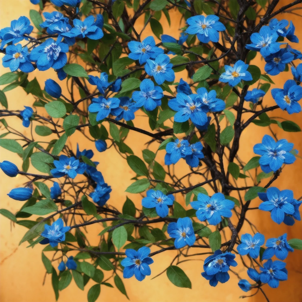 there are many blue flowers that are growing on a tree, a screenshot by Edward Avedisian, flickr, art nouveau, blue flowers, mediumslateblue flowers, blue flowers bloomed all over, blue and black color scheme)), vibrant but dreary blue, blue!! with orange details, beautiful black blue yellow, black flowers, blue flowers accents
