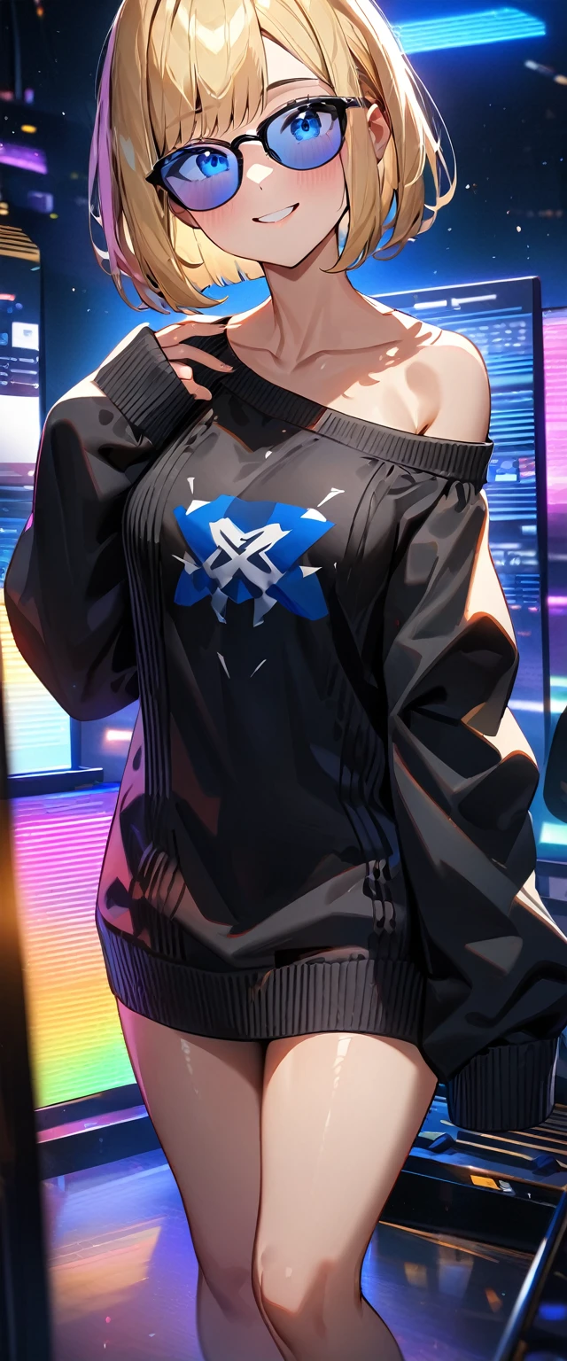(((One girl))), blond hair, ((sunglasses, hand to sunglasses)), ((bob cut:1.3)), breasts, cleavage, (cowboy shot), standard body, (looking at viewer), oversized clothes, puffy long sleeves, collarbone, ((off-shoulder knit sweater dress:1.3, Quite thick shoulder straps)), (((sleeves past wrists:1.3))), ((black sweater)), teenager, head tilt:1.3, (((blue eye))), ((happy smile)), (((anime style))), (best quality, 4k, 8k, highres, masterpiece:1.2, ultra-detailed, ultra-detailed eyes, HDR, UHD, studio lighting, ultra-fine painting, sharp focus, physically-based rendering, extreme detail description, professional, vivid colors, bokeh), ((Highest quality, Best image quality, Ultra-high resolution, Ultra-high resolution, solo, Strong eye highlights)), Depth of written boundary, Natural soft light, attractive, Beautiful Face, Cleanliness, Pure Face, nedium chest, Beautiful Face, Perfect Fingers, Perfect hands, Perfect body, Perfect Face, Shine a light into your eyes, Perfect Anatomy