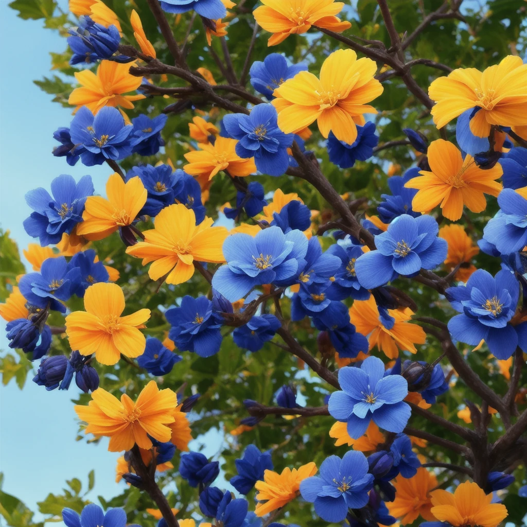 there are many blue flowers that are growing on a tree, a screenshot by Edward Avedisian, flickr, art nouveau, blue flowers, mediumslateblue flowers, blue flowers bloomed all over, blue and black color scheme)), vibrant but dreary blue, blue!! with orange details, beautiful black blue yellow, black flowers, blue flowers accents
