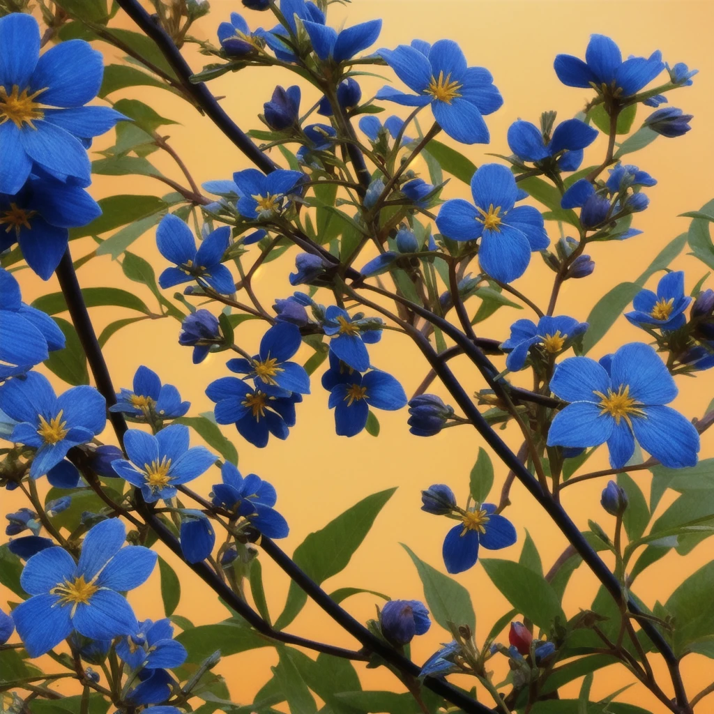 there are many blue flowers that are growing on a tree, a screenshot by Edward Avedisian, flickr, art nouveau, blue flowers, mediumslateblue flowers, blue flowers bloomed all over, blue and black color scheme)), vibrant but dreary blue, blue!! with orange details, beautiful black blue yellow, black flowers, blue flowers accents