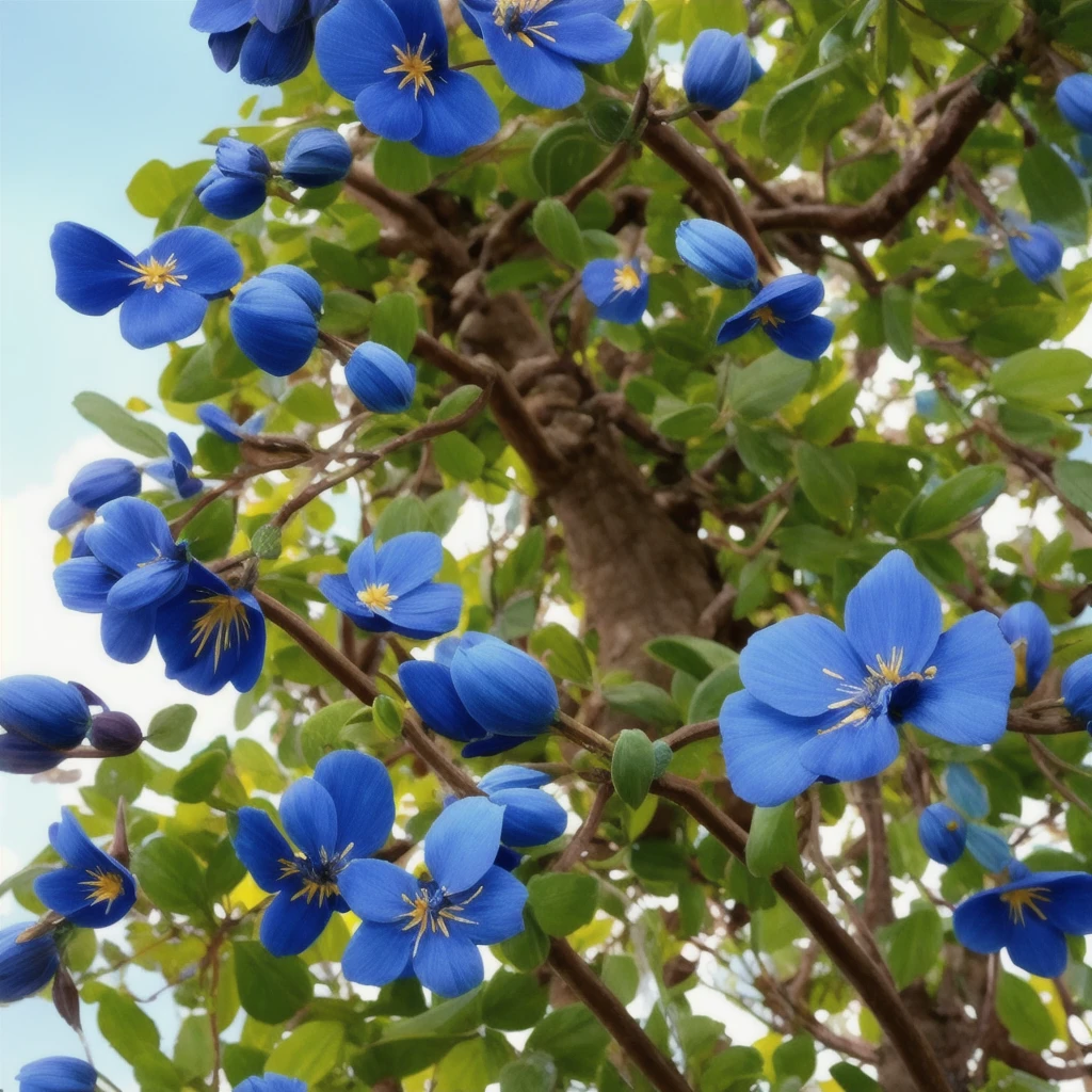 there are many blue flowers that are growing on a tree, a screenshot by Edward Avedisian, flickr, art nouveau, blue flowers, mediumslateblue flowers, blue flowers bloomed all over, blue and black color scheme)), vibrant but dreary blue, blue!! with orange details, beautiful black blue yellow, black flowers, blue flowers accents