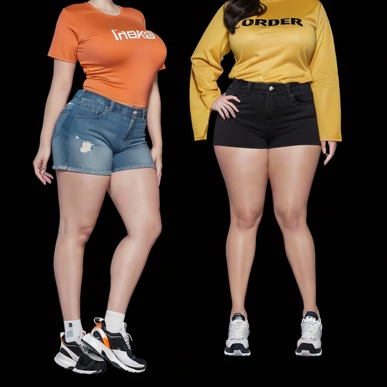Araped woman wearing an orange shirt standing next to another woman wearing black shorts, Full body wide shot, full body photo, full body photo, Short and sturdy woman, The picture is large, fat ), full body photo, full body photo, full body image, overweight, full body shot, fat 여자, Overall - body and head view, an fat