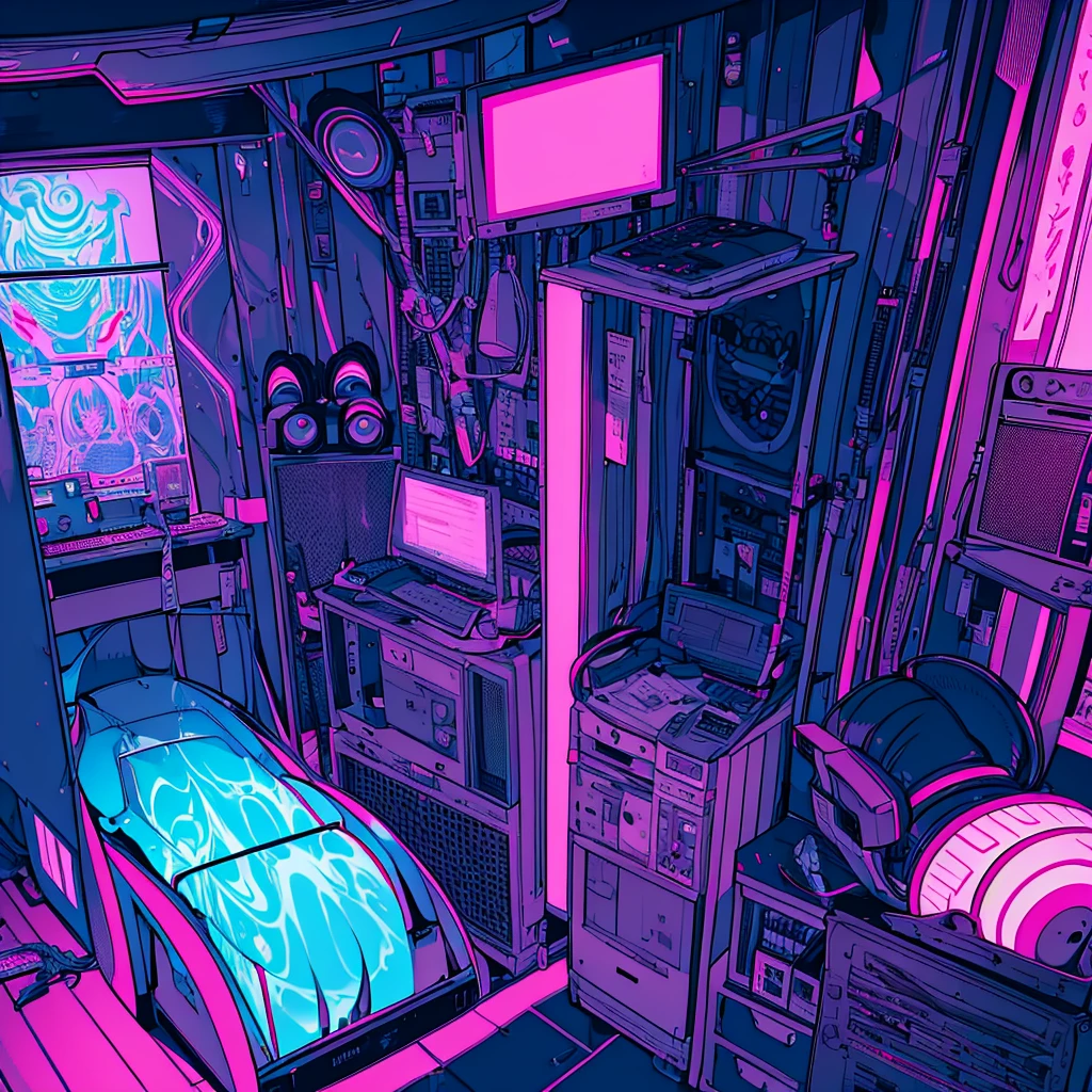 Best quality, (masterpiece:1.2), best detail face,1 girl, big breasts, 18 yo, 8k,absurdres,unity 8k wall paper,(extremely detailed:1.3), highest realistic, (retro headphones:1.1), (soft neon light:1.1), (psychedelic:1.2), Her room full of music equipment, Light clothing in summer, See the whole room, dark color palette, The weather outside can be seen from her room window.