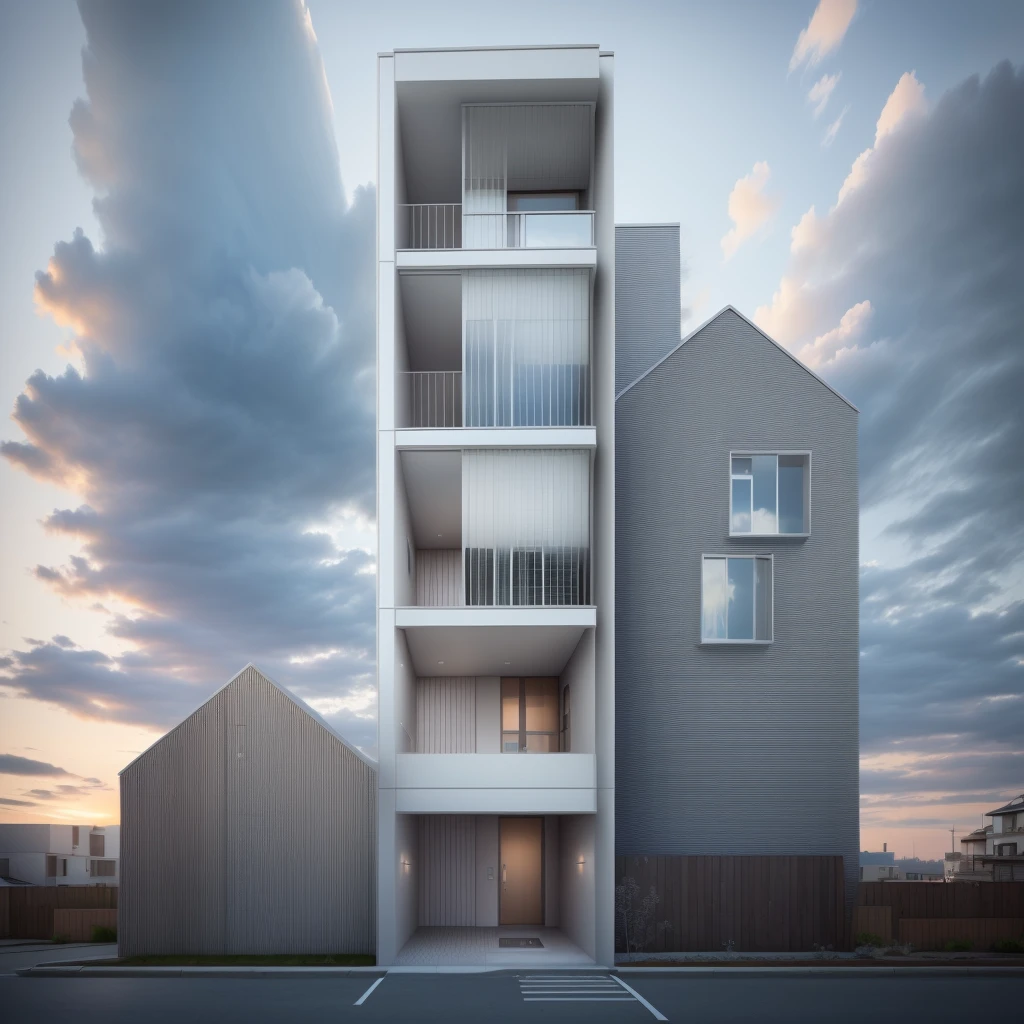 a rendering of a tall building with a small house in the background, elevation view, 3 / 4 view, 3/4 view, front-view, 3/4 view realistic, front elevation view, front perspective, conceptual, architectural section, frontview, 3/4 view from below, architectural concept, perspective view, complete house, mid-view, street elevation