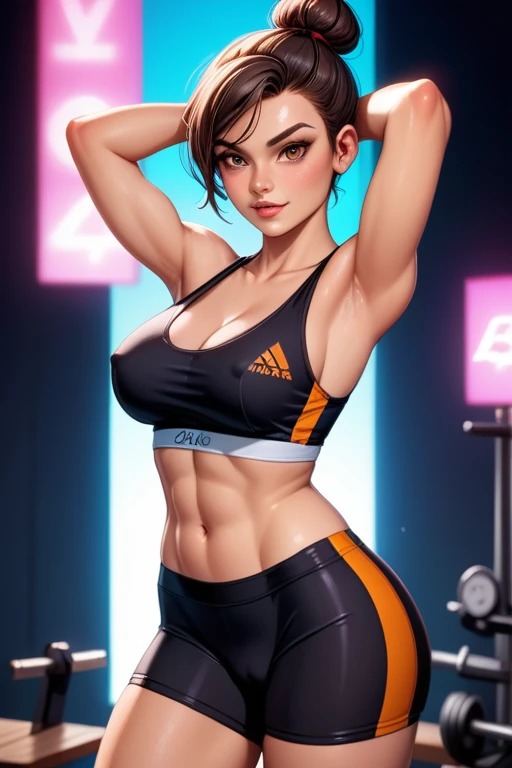 24-year-old Caucasian (Russo-Italian) female fitness instructor; tomboy; athletic build; athlete; short dark brown hair tied in a small bun; hazel eyes; subtle cybernetic enhancements; fair skin; wears high-tech workout attire including sports bras, compression shorts, and tank tops; in a futuristic gym setting with high-tech equipment; poses confidently, exuding a rebellious and tomboyish attitude; background includes vibrant neon lights and a gritty urban atmosphere; large breasts; Disney-style, CGI; best quality; high definition; trending on artstation; complex volumetric lighting; shadows;