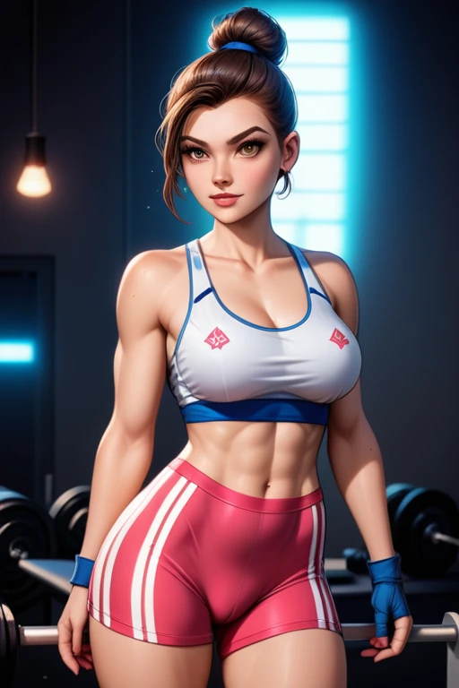 24-year-old Caucasian (Russo-Italian) female fitness instructor; tomboy; athletic build; athlete; short dark brown hair tied in a small bun; hazel eyes; subtle cybernetic enhancements; fair skin; wears high-tech workout attire including sports bras, compression shorts, and tank tops; in a futuristic gym setting with high-tech equipment; poses confidently, exuding a rebellious and tomboyish attitude; background includes vibrant neon lights and a gritty urban atmosphere; large breasts; Disney-style, CGI; best quality; high definition; trending on artstation; complex volumetric lighting; shadows;
