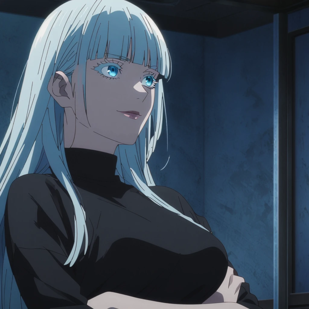 1girl, female gojo satoru, anime screencap from jujutsu kaisen, gojo satoru female version, solo, very long_hair, ((smooth texture hair)) blue eyes, ((white eyelashes)), ((very long white_hair)), night view, breasts, upper_body, smile, indoors, book, bangs, blue_eyes, lips, (wearing round sunglasses) ((blunt bangs)) wearing black color sweater off the shoulder, breast, "very detailed and high resolution" (blue eyes) ((cross arms)) ((smooth texture hair)) ((solo)) ((high resolution)) ((upper body)) (Good quality)
