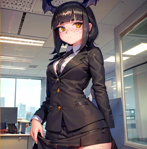 (detailed), (((bat girl))), (((murcielago))), gray skin, black wavy hair, ((Skirt)), (((freckles in the face))), (((office worker suit))), (sfw)