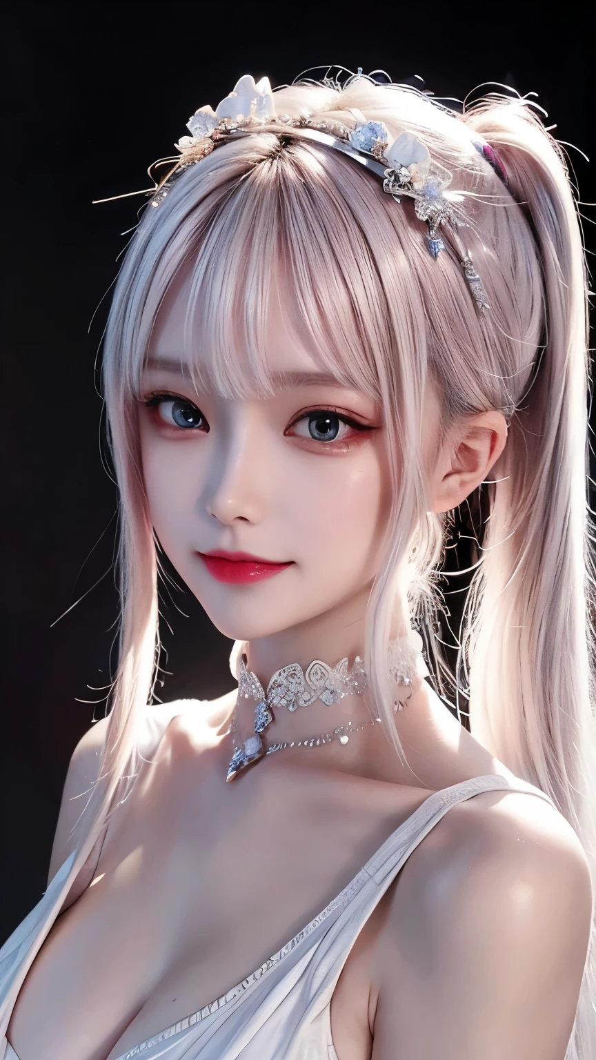 closeup cleavage，1个Giant Breast Girl，byself，[Gray hair：Gray hair：0.2]，cyber punk perssonage，high - tech，V，mechanicalparts，looking at viewert，黑The eye，long whitr hair，Glowing laser female super tech jumpsuit，Cyberpunk mechanical body parts，With a tattoo，Interior，Luminous laser earrings。hight contrast，the night，black in color，Reflective transparent rainbow，long whitr hair，nedium breasts，The face of the most beautiful Korean woman with white skin，seductiveexpression，（relaxed poses：1.5），eva，the complex background，Sony A6300，Extremely beautiful and gorgeous anime illustrations，Has a cinematic perspective，（relaxed poses：1.5），eva，Complex background，Sony A6300，Extremely beautiful and gorgeous anime illustrations with a cinematic perspective。