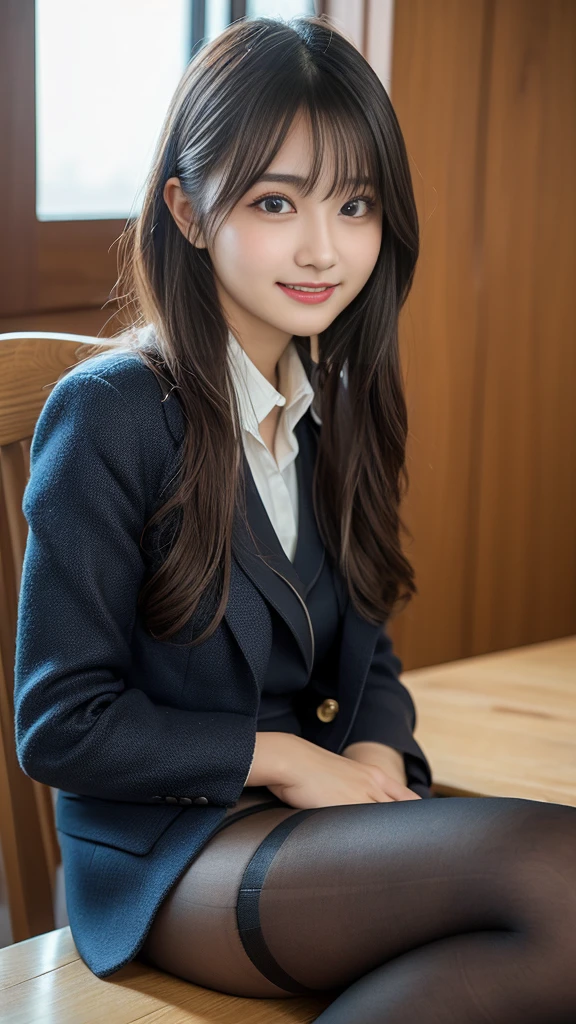 Tabletop, Highest quality, shape, Very detailed, finely, High resolution, 8k wallpaper,short hair、 完璧なダイナミックな構shape, Beautiful and beautiful eyes, suit，Natural color lip, smile、18-year-old girl，If you are wearing black tights or stockings、Plump thighs、Shortcuts、Luxury lace panties、