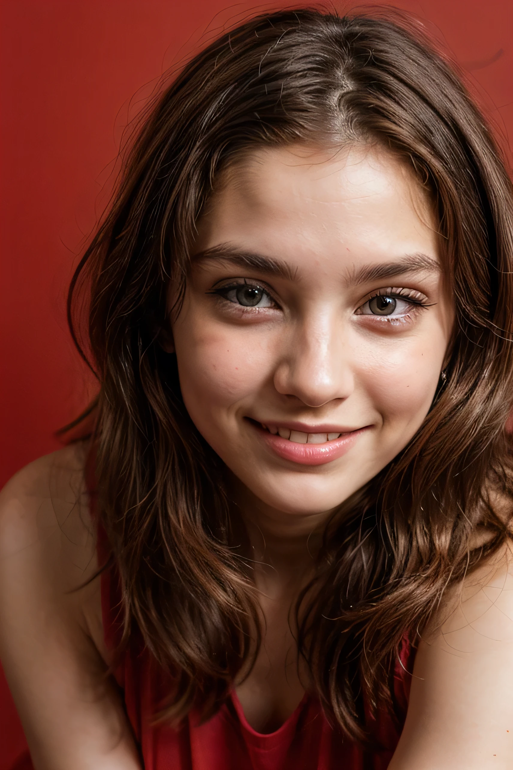14 year old brunette , Linda, face perfect, gorgeous face, beautiful smile, with red background 