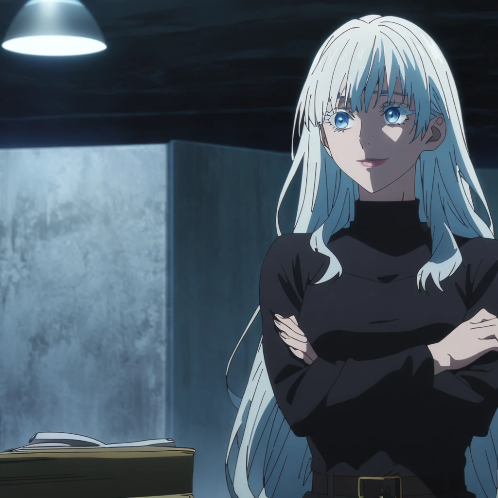 1girl, female gojo satoru, anime screencap from jujutsu kaisen, gojo satoru female version, solo, very long_hair, ((smooth texture hair)) blue eyes, ((white eyelashes)), ((very long white_hair)), night view, breasts, upper_body, smile, indoors, book, bangs, blue_eyes, lips, (wearing round sunglasses) (( hairstyle with long, straight white hair that has a slight natural wave at the ends. Please give it a middle part, and ensure it frames her face smoothly without any harsh layers. The overall look should be sleek and elegant, similar to an anime character's style)) wearing black color sweater off the shoulder, breast, "very detailed and high resolution" (blue eyes) ((cross arms))  ((smooth texture hair)) ((solo)) ((high resolution)) ((upper body)) (Good quality)  cleavage 