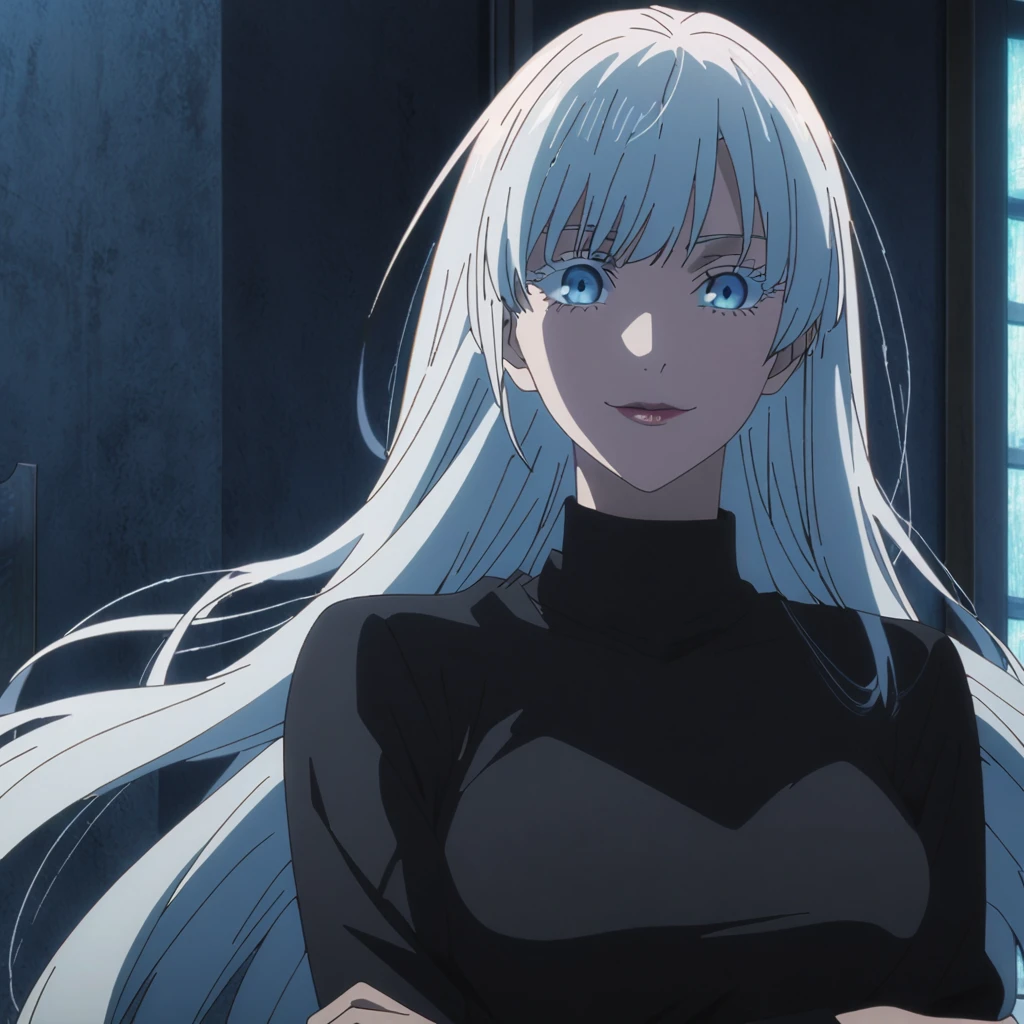 1girl, female gojo satoru, anime screencap from jujutsu kaisen, gojo satoru female version, solo, very long_hair, ((smooth texture hair)) blue eyes, ((white eyelashes)), ((very long white_hair)), night view, breasts, upper_body, smile, indoors, book, bangs, blue_eyes, lips, (wearing round sunglasses) (( hairstyle with long, straight white hair that has a slight natural wave at the ends. Please give it a middle part, and ensure it frames her face smoothly without any harsh layers. The overall look should be sleek and elegant, similar to an anime character's style)) wearing black color sweater off the shoulder, breast, "very detailed and high resolution" (blue eyes) ((cross arms))  ((smooth texture hair)) ((solo)) ((high resolution)) ((upper body)) (Good quality)  cleavage 